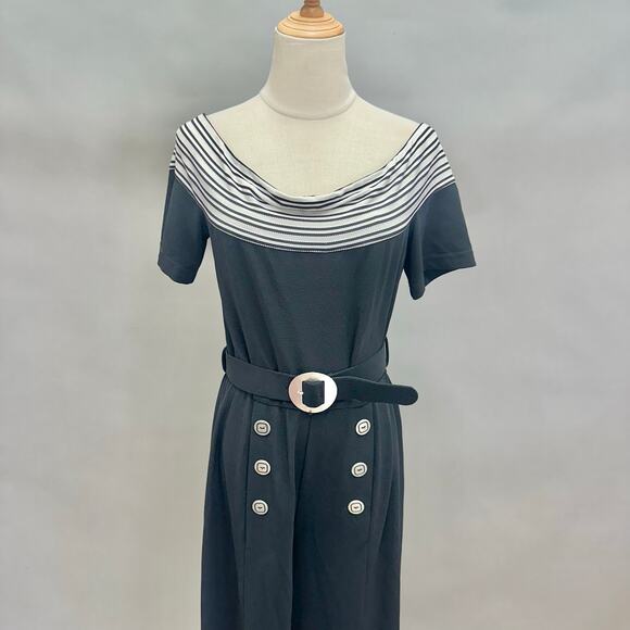 Vintage 90s Cache black slinky sailor nautical jumpsuit size 10 wide‎ slit leg - Picture 8 of 16